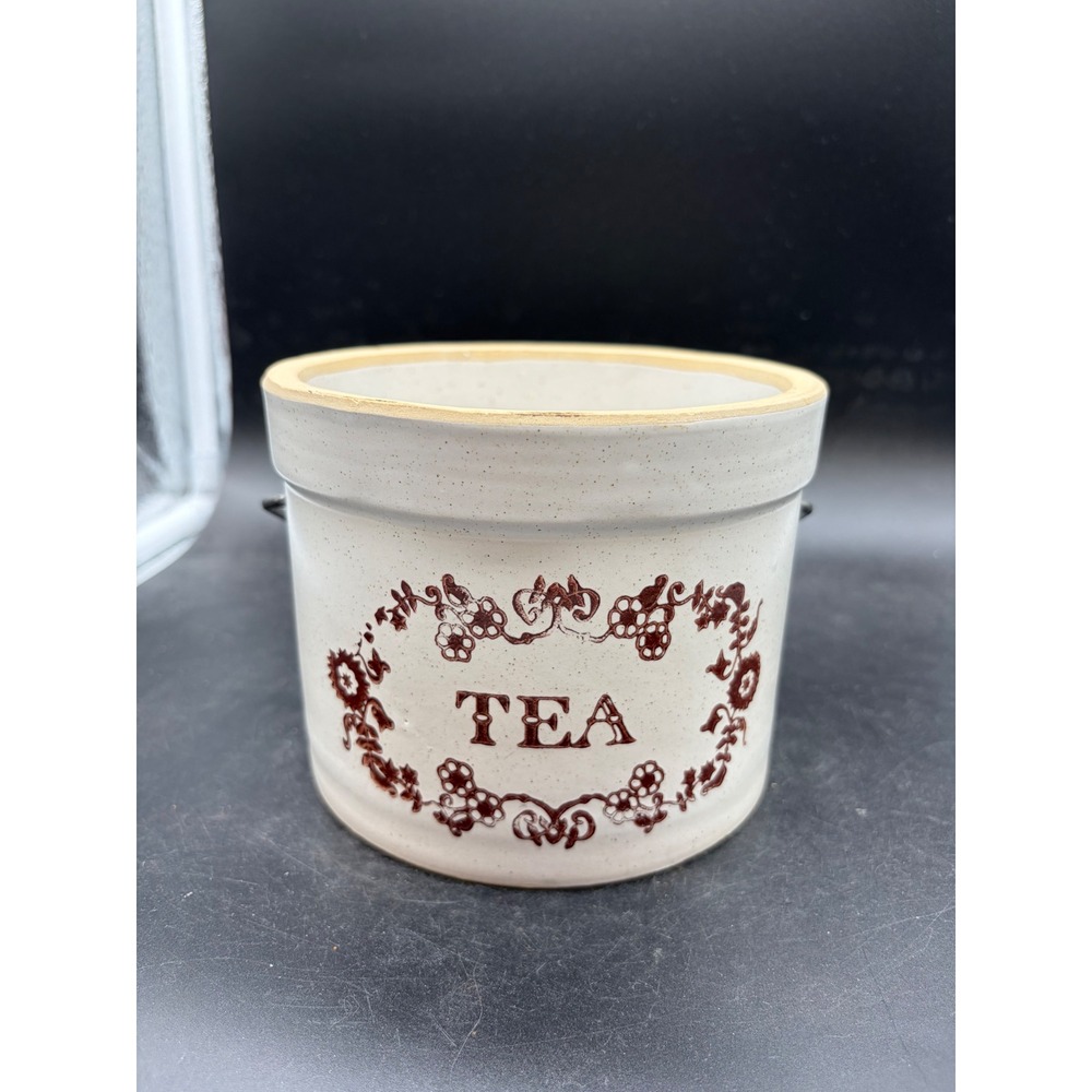 Vintage Stoneware Tea Crock Canister with Wire Bail Handle Farmhouse Decor